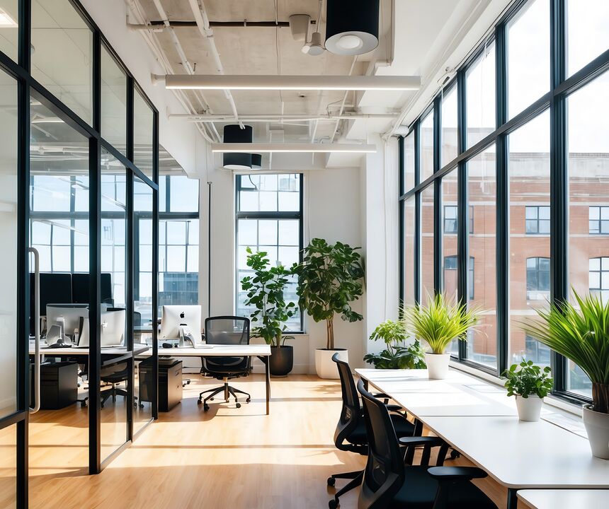 Helles Büro mit Arbeitsplätzen und Pflanzen