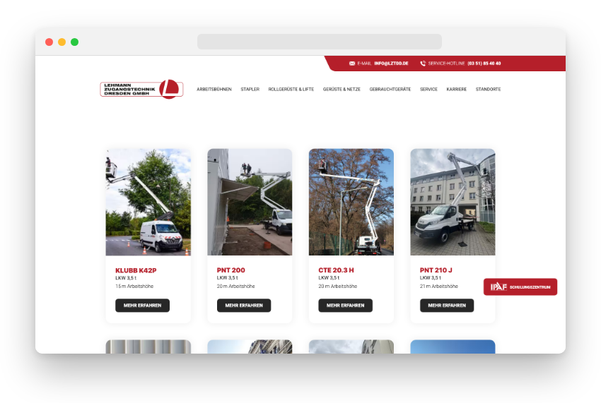 Mietkatalog LKW-Arbeitsbühnen mit Gerätekacheln