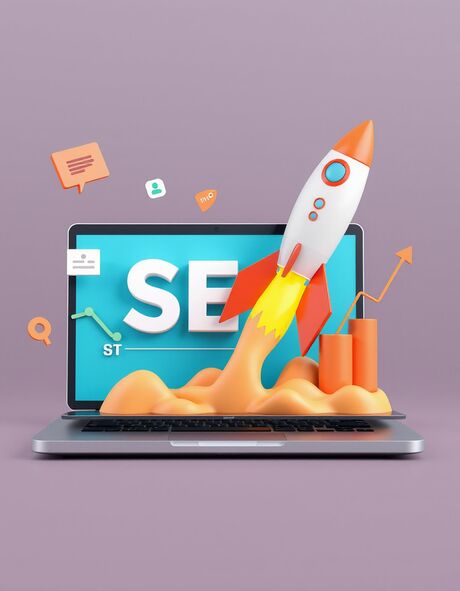 Illustration SEO: Laptop mit Rakete und steigenden Balken